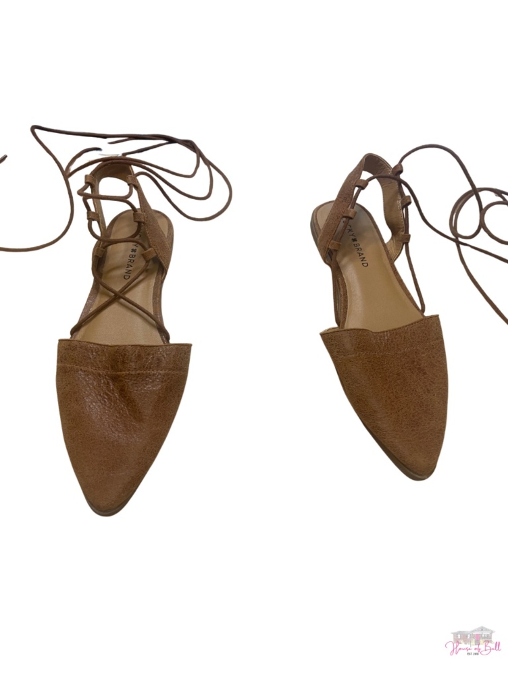 Lucky Brand Tan Brown Lace Up Pointed Toe Ghillie Flats Ankle Tie
